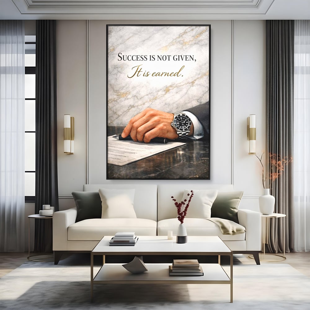 Tablou canvas cu tablou canvas cu citat motivational si mana cu ceas, in rama de aluminiu negru, pe perete intr-un living